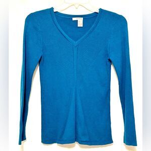 DKNY Long Sleeve V Neck Knit Ribbed Turquoise Shirt Top Blouse L